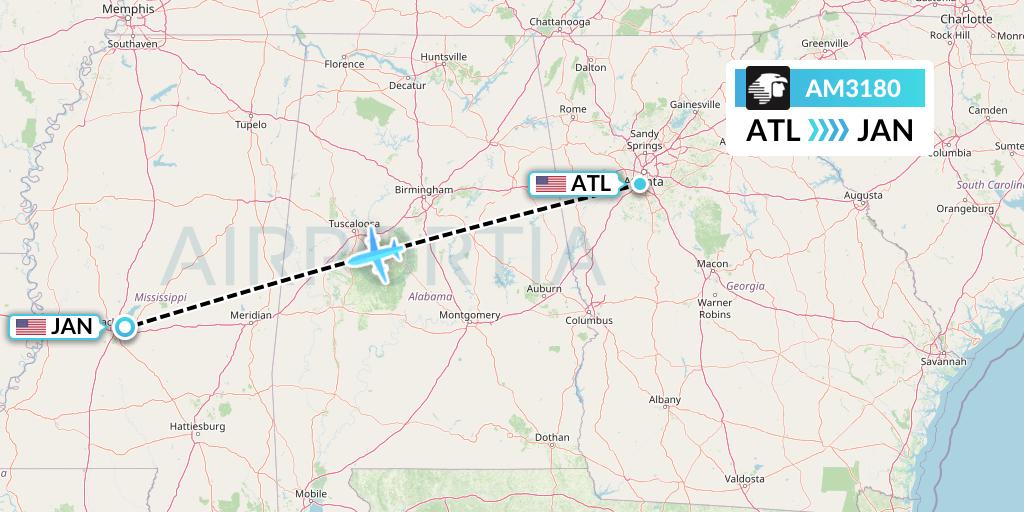 AM3180 Aeromexico Flight Map: Atlanta to Jackson