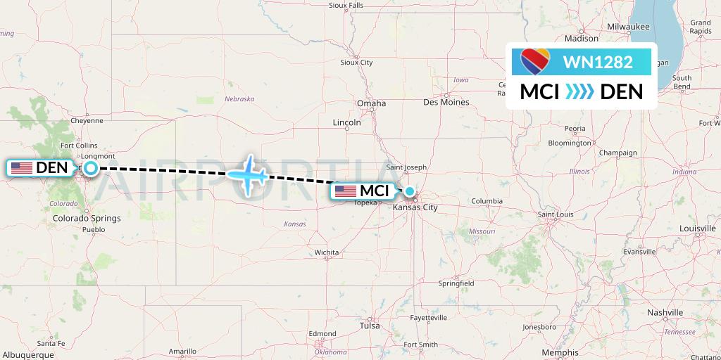 WN1282 Southwest Airlines Flight Map: Kansas City to Denver