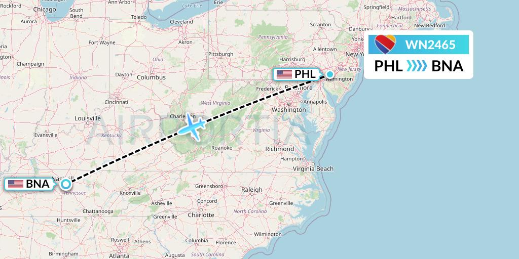 WN2465 Southwest Airlines Flight Map: Philadelphia to Nashville