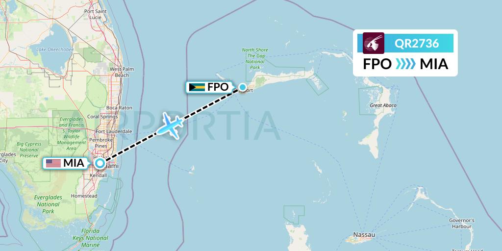 QR2736 Qatar Airways Flight Map: Freeport to Miami