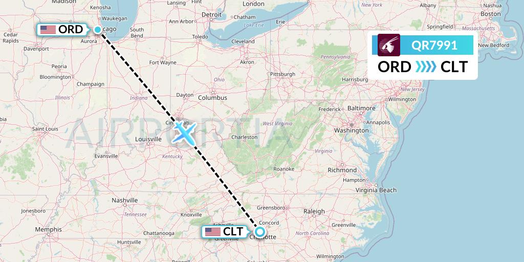 QR7991 Qatar Airways Flight Map: Chicago to Charlotte