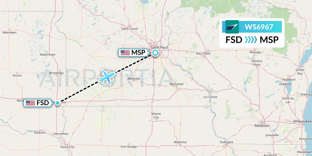 WS6967 WestJet Flight Map: Sioux Falls to Minneapolis