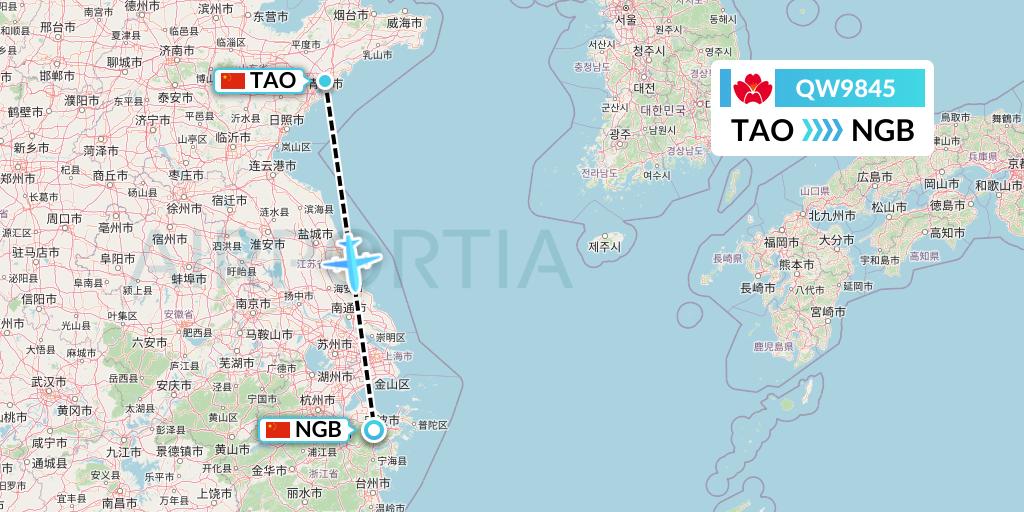 QW9845 Qingdao Airlines Flight Map: Qingdao to Ningbo