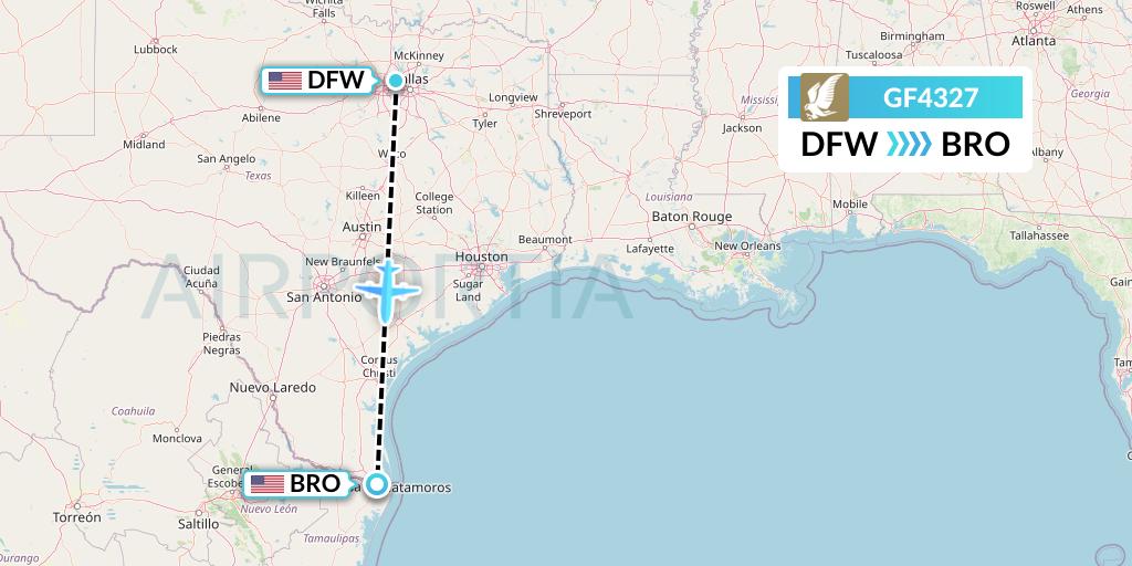 GF4327 Gulf Air Flight Map: Dallas to Brownsville