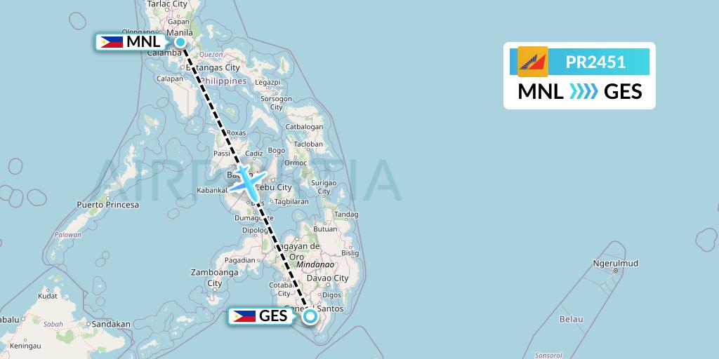 PR2451 Philippine Airlines Flight Map: Manila to General Santos