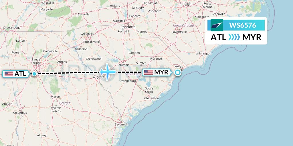 WS6576 WestJet Flight Map: Atlanta to Myrtle Beach