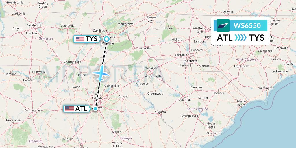 WS6550 WestJet Flight Map: Atlanta to Knoxville
