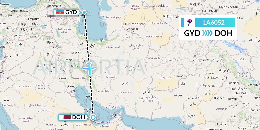 LA6052 LAN Airlines Flight Map: Baku to Doha