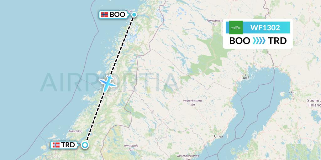 WF1302 Wideroe Flight Map: Bodo to Trondheim