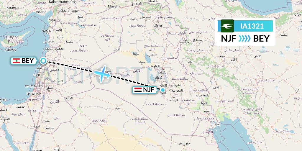 IA1321 Iraqi Airways Flight Map: Najaf to Beirut