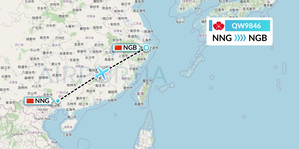QW9846 Qingdao Airlines Flight Map: Nanning to Ningbo