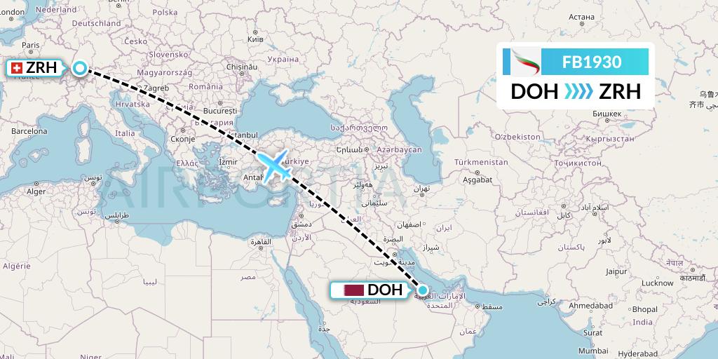 FB1930 Bulgaria Air Flight Map: Doha to Zurich
