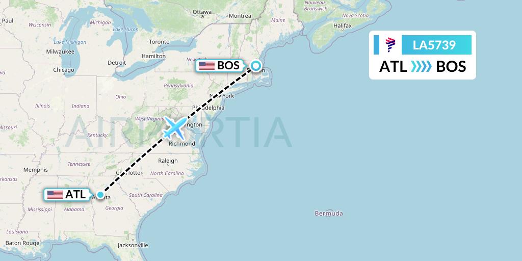 LA5739 LAN Airlines Flight Map: Atlanta to Boston