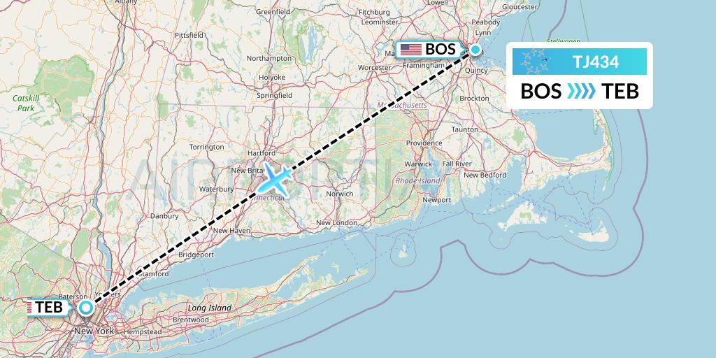 TJ434 Tradewind Aviation Flight Map: Boston to Teterboro