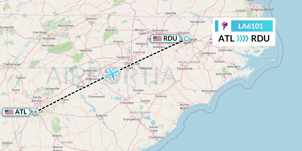 LA6101 LAN Airlines Flight Map: Atlanta to Raleigh-Durham
