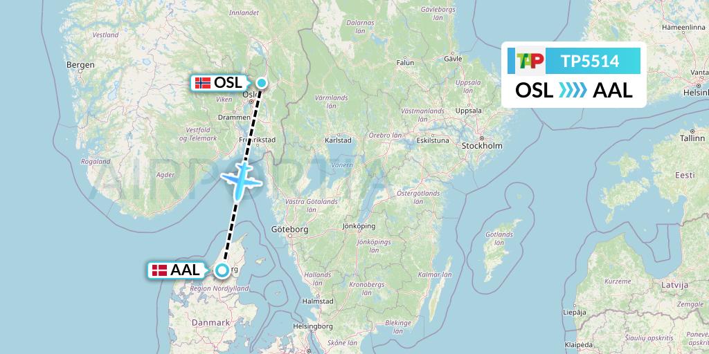 TP5514 TAP Portugal Flight Map: Oslo to Aalborg