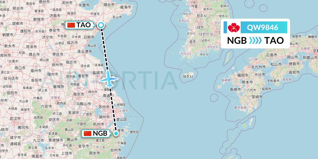 QW9846 Qingdao Airlines Flight Map: Ningbo to Qingdao
