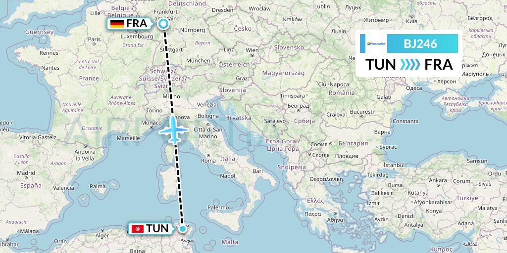 BJ246 Nouvelair Tunisie Flight Map: Tunis to Frankfurt