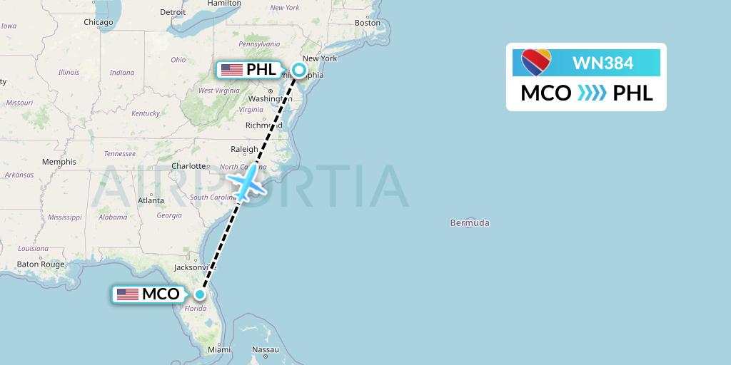 WN384 Southwest Airlines Flight Map: Orlando to Philadelphia