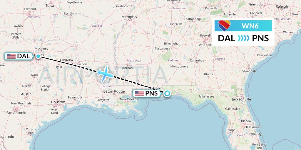 WN6 Southwest Airlines Flight Map: Dallas to Pensacola