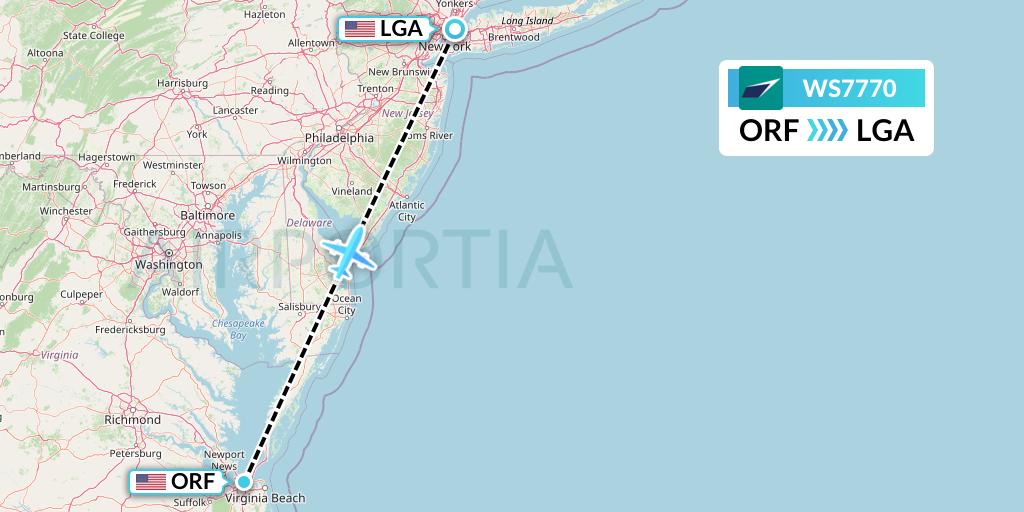 WS7770 WestJet Flight Map: Norfolk to New York