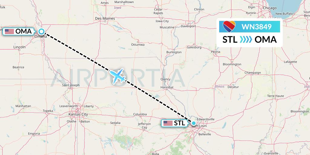 WN3849 Southwest Airlines Flight Map: St. Louis to Omaha