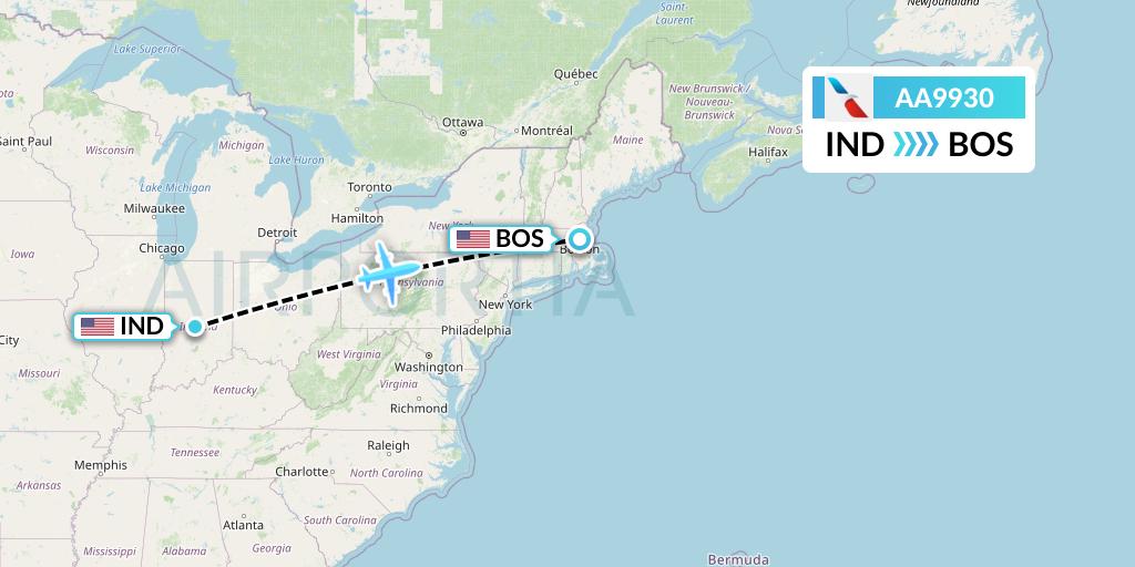 AA9930 American Airlines Flight Map: Indianapolis to Boston