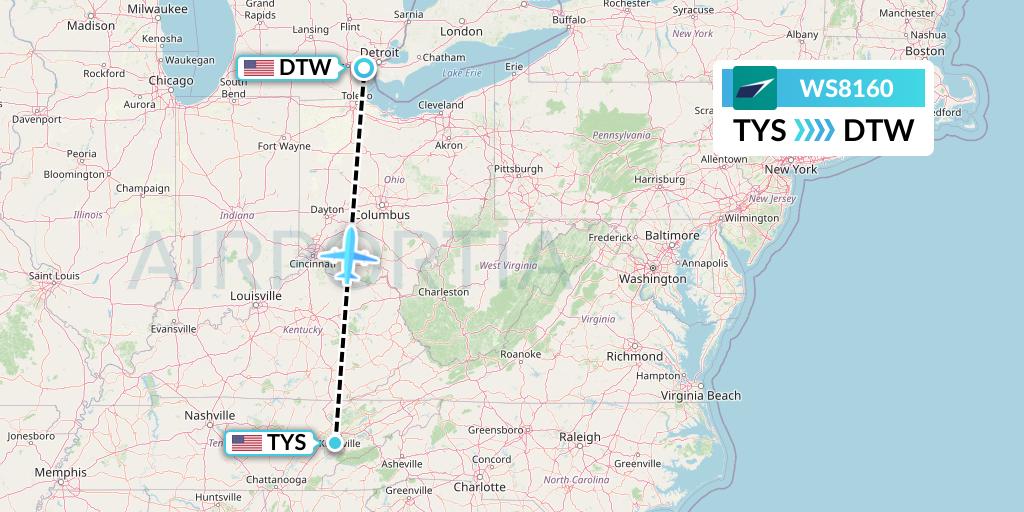 WS8160 WestJet Flight Map: Knoxville to Detroit