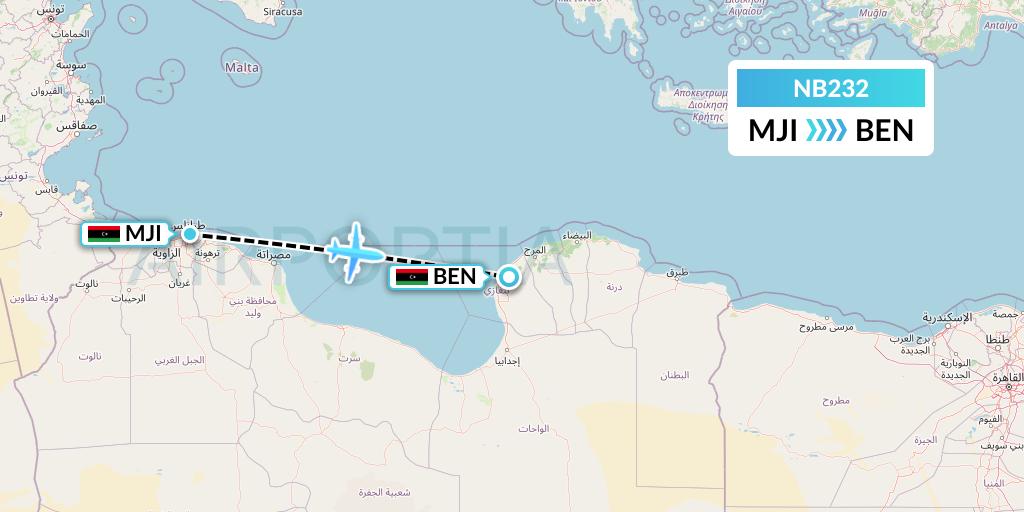 NB232 Berniq Airways Flight Map: Tripoli to Benghazi