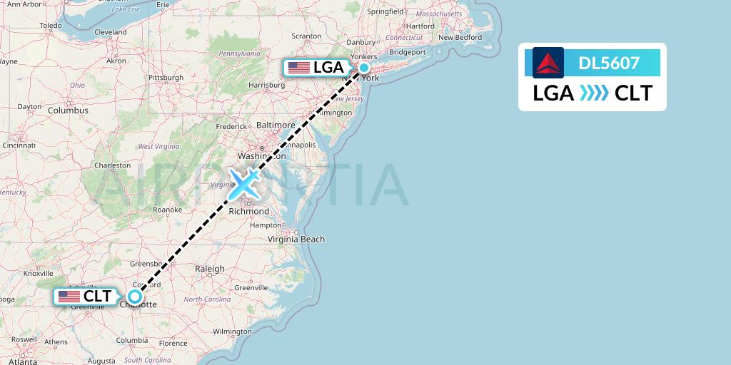 DL5607 Delta Air Lines Flight Map: New York to Charlotte