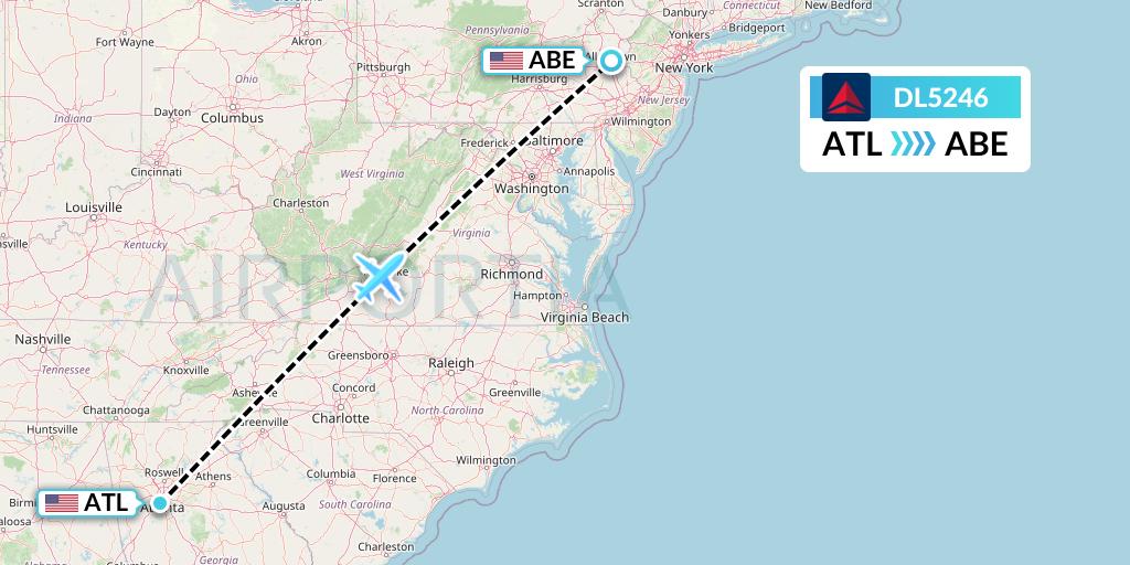 DL5246 Delta Air Lines Flight Map: Atlanta to Allentown
