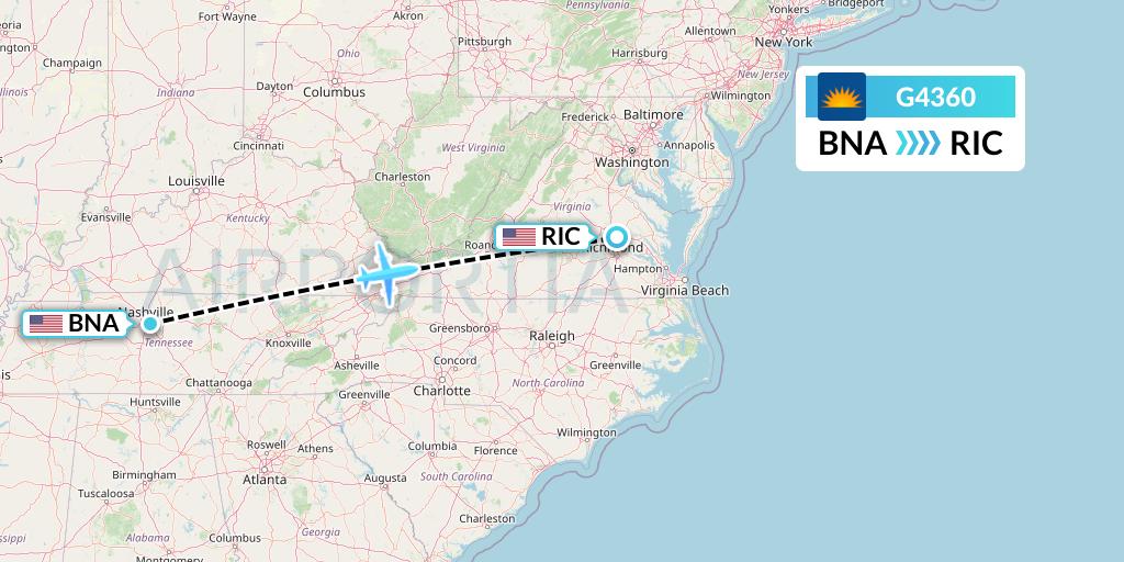 G4360 Allegiant Air Flight Map: Nashville to Richmond