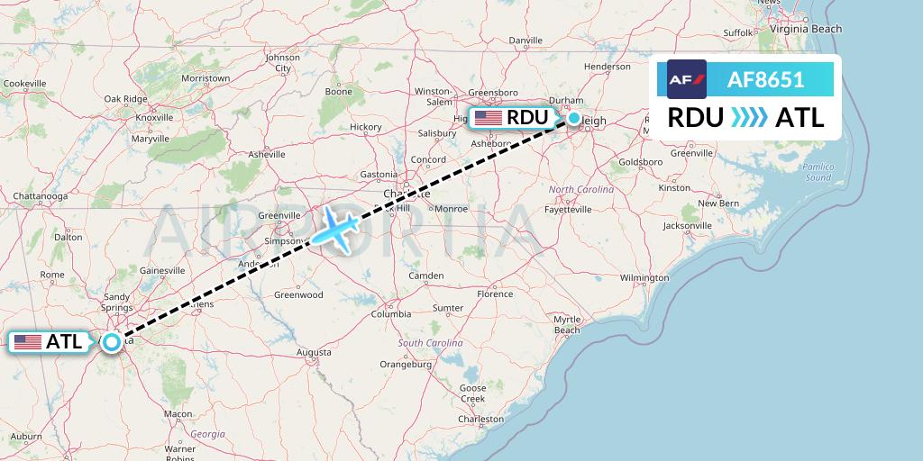 AF8651 Air France Flight Map: Raleigh-Durham to Atlanta