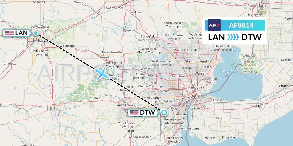AF8814 Air France Flight Map: Lansing to Detroit