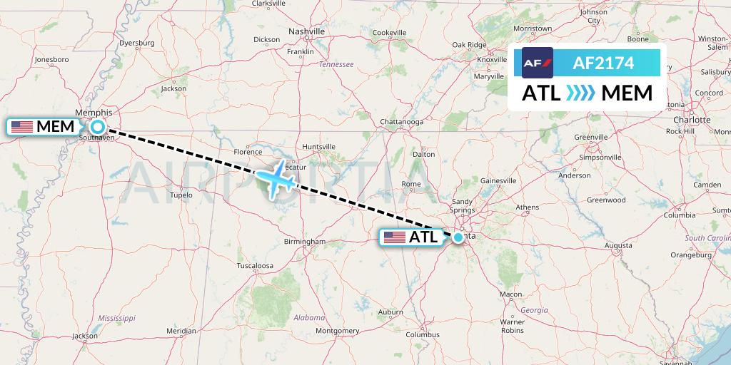 AF2174 Air France Flight Map: Atlanta to Memphis