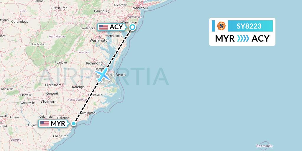 SY8223 Sun Country Airlines Flight Map: Myrtle Beach to Atlantic City