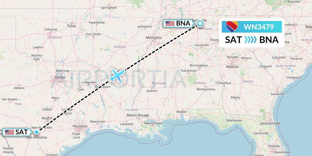 WN3479 Southwest Airlines Flight Map: San Antonio to Nashville