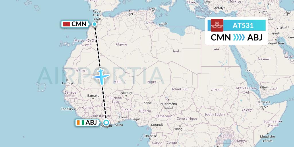 AT531 Royal Air Maroc Flight Map: Casablanca to Abidjan