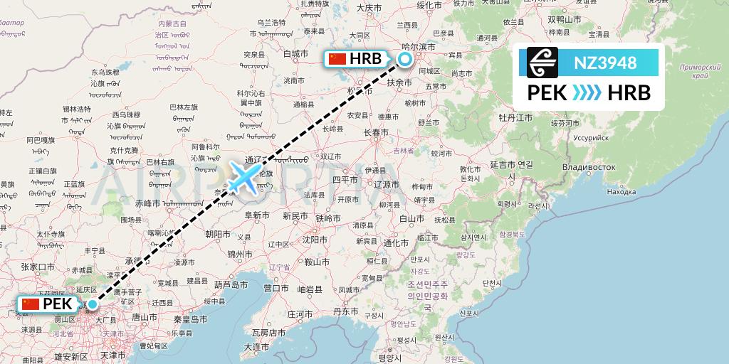 NZ3948 Air New Zealand Flight Map: Beijing to Harbin