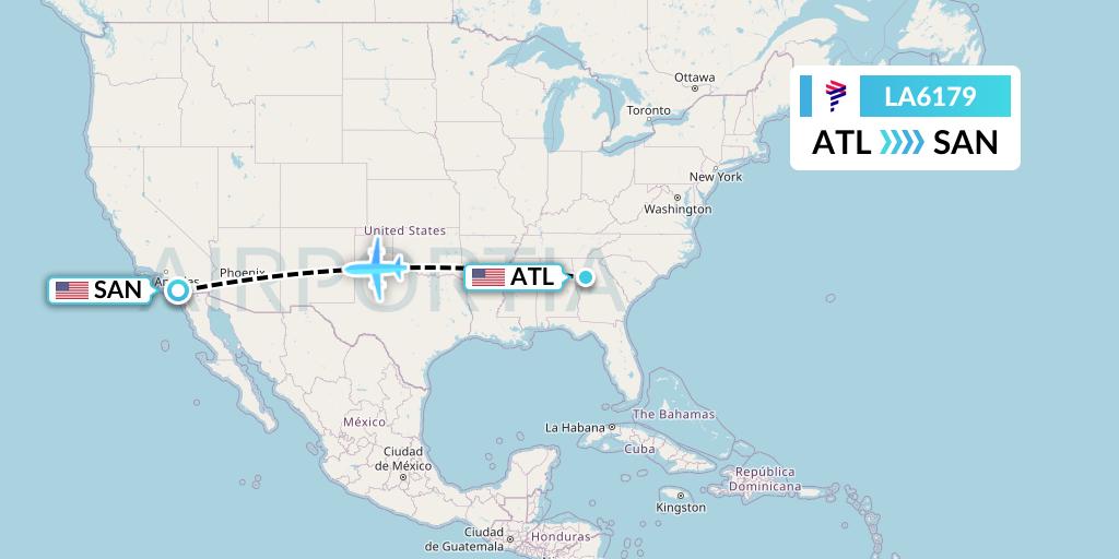 LA6179 LAN Airlines Flight Map: Atlanta to San Diego
