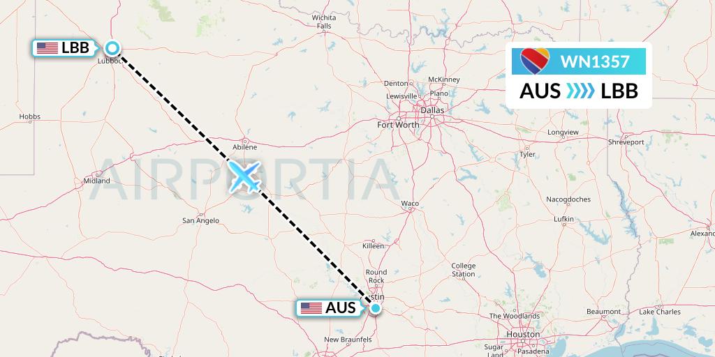 WN1357 Southwest Airlines Flight Map: Austin to Lubbock