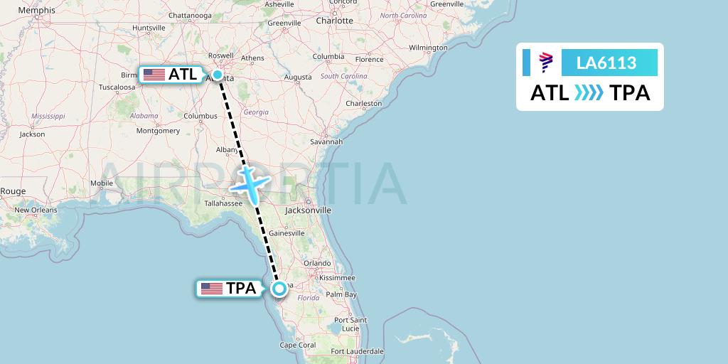 LA6113 LAN Airlines Flight Map: Atlanta to Tampa