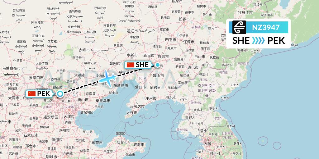 NZ3947 Air New Zealand Flight Map: Shenyang to Beijing
