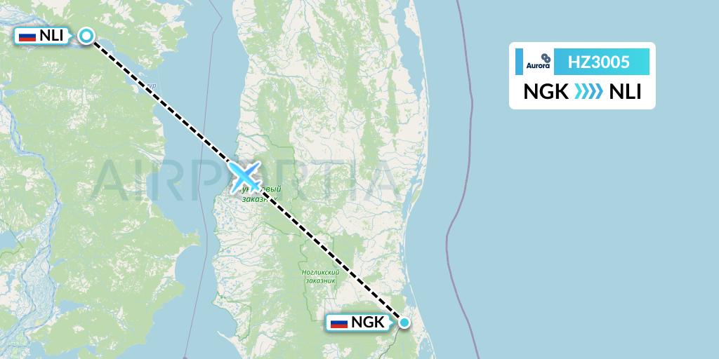 HZ3005 Aurora Flight Map: Nogliki to Khabarovsk