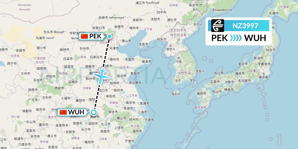 NZ3997 Air New Zealand Flight Map: Beijing to Wuhan