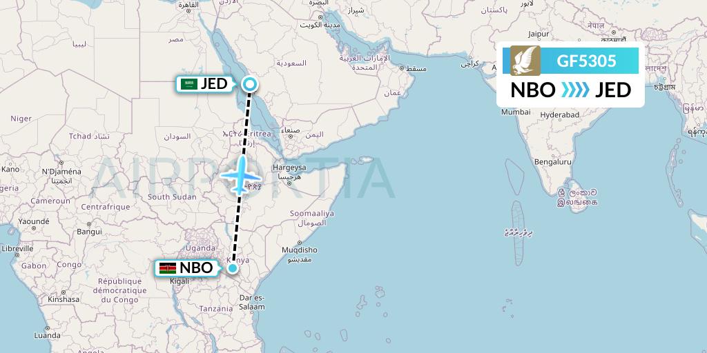GF5305 Gulf Air Flight Map: Nairobi to Jeddah