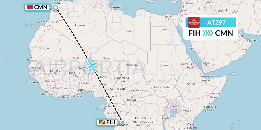 AT297 Royal Air Maroc Flight Map: Kinshasa to Casablanca