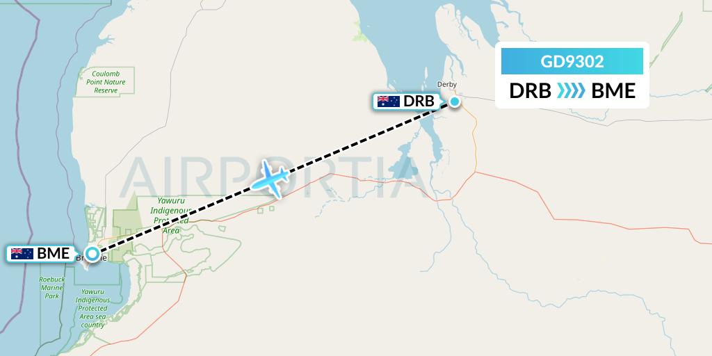 GD9302 Aviair Pty Ltd Flight Map: Derby to Broome