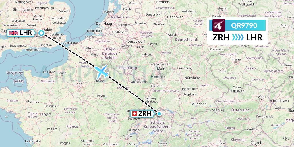 QR9790 Qatar Airways Flight Map: Zurich to London