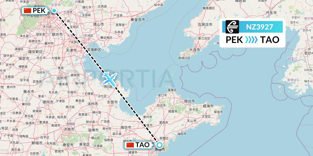 NZ3927 Air New Zealand Flight Map: Beijing to Qingdao